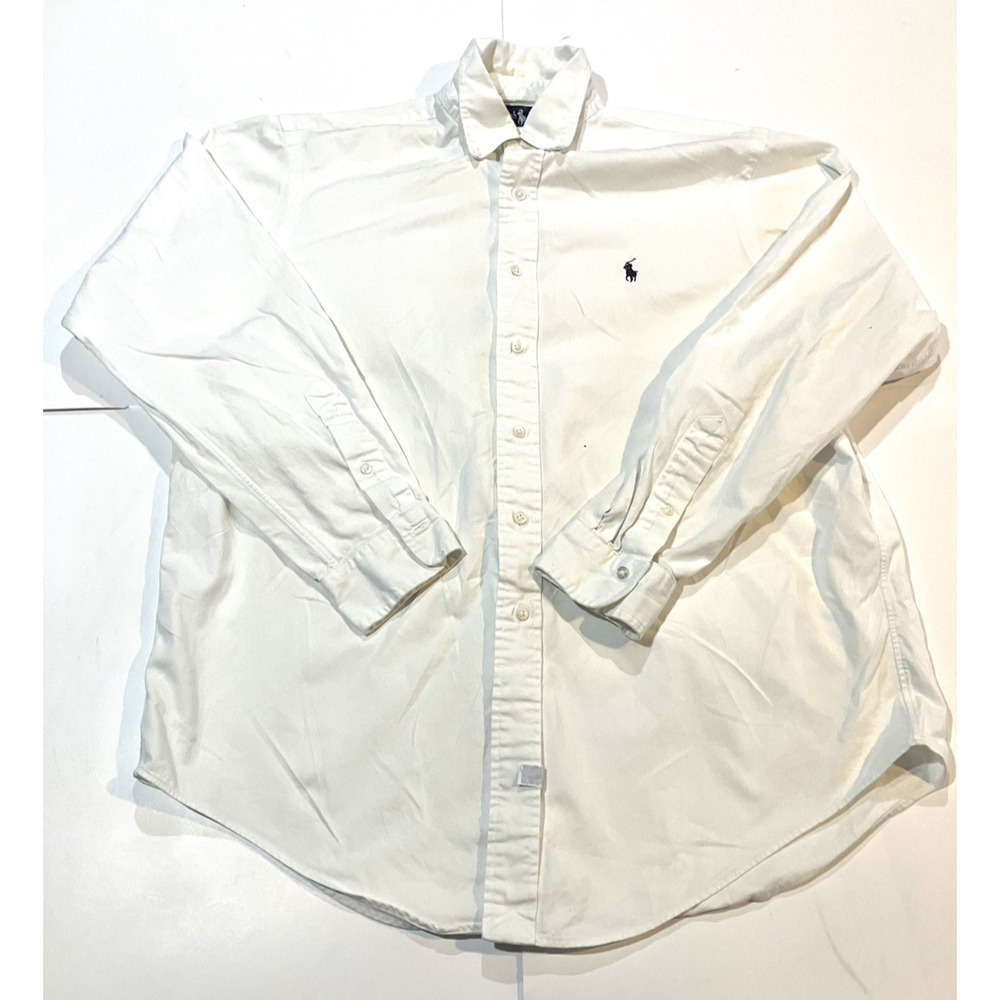 Y2K Polo Ralph Lauren Button Down Men's Large Solid White Navy Pony Logo